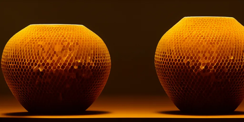 Image similar to honeycomb vase traditional design by tomas gabzdil libertiny, product design, film still from the movie directed by denis villeneuve with art direction by zdzisław beksinski, telephoto lens, shallow depth of field