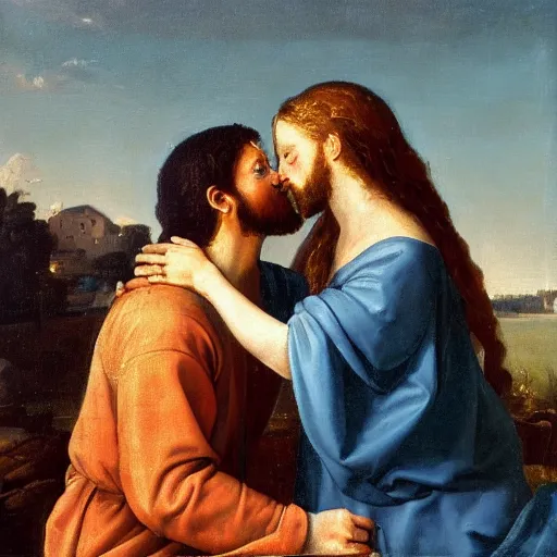 Image similar to an oil panting of a jesus kissing maria maddalena