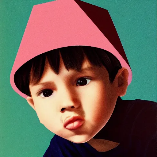 Prompt: cute, polygonal, head portrait of a boy head wearing a all-covering hat