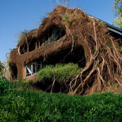 Prompt: house being held by elongated roots in the air,