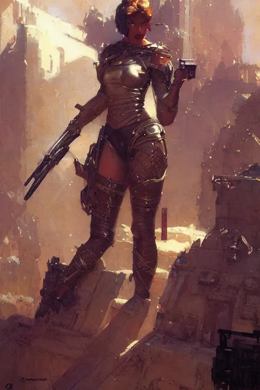 Image similar to futuristic women with medieval armor, holding a gun, painting by gaston bussiere, craig mullins, greg rutkowski, yoji shinkawa