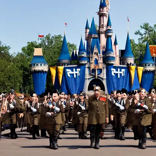 Prompt: nazi army marching through disney world, very coherent, scary