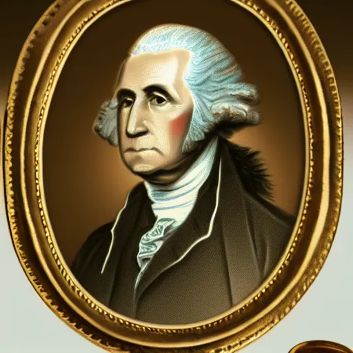 Image similar to a photorealistic colored pencil sketch of a distinguished George Washington wearing a gold chain around his neck with a small Doubloon coin attached as a necklace. This 4K HD image is Trending on Artstation, featured on Behance, well-rendered, extra crisp, features intricate detail and the style of Unreal Engine.