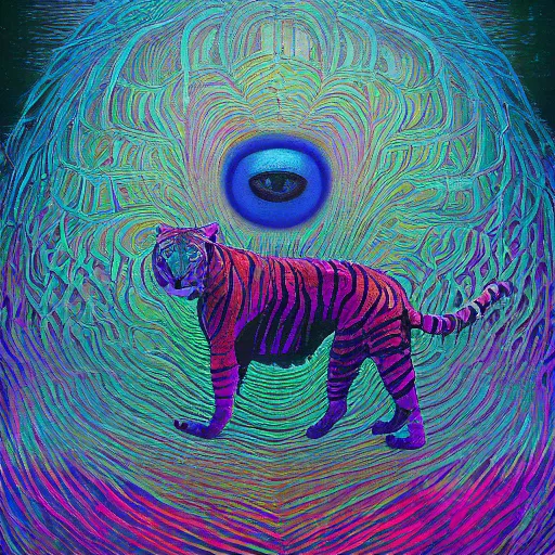 Image similar to geometric iridescent glowing rivulet hexagon tiger vinegar can scrapbook, by raphael and zdzisław beksinski and mikhail larionov, detailed painting, mixed media, dc comics