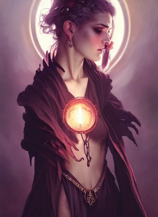 Image similar to Necromancer Sorceress, fantasy magic, undercut hairstyle, dark light night, intricate, elegant, sharp focus, illustration, highly detailed, digital painting, concept art, matte, art by WLOP and Artgerm and Greg Rutkowski and Alphonse Mucha, masterpiece