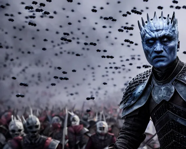 Image similar to justin sun as night king in game of thrones being swarmed by crimson - black bees, 4 k, epic, cinematic, focus, movie still, fantasy, extreme detail, atmospheric, dark colour, sharp focus