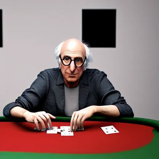 Prompt: larry david playing poker, photorealistic studio portrait, studio lighting, unreal engine 5, hyperrealistic, dynamic lighting, white ambient background, realistic, highly detailed