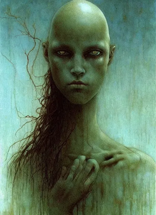 Prompt: bald lovecraftian teen girl by Beksinski and Luis Royo