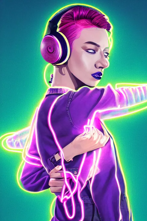 Image similar to a award winning half body portrait of a beautiful woman with stunning eyes in a croptop denim jacket and cargo pants with ombre purple pink teal hairstyle dancing with headphones on her ears by thomas danthony, surrounded by whirling illuminated lines, outrun, vaporware, shaded flat illustration, digital art, trending on artstation, highly detailed, fine detail, intricate