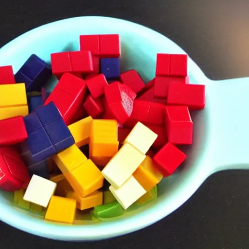 Prompt: A bowl of fruit made of lego blocks.