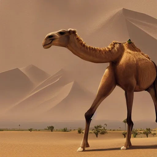 Image similar to a giant camel with an entire city on its back, photorealistic, highly detailed, desert