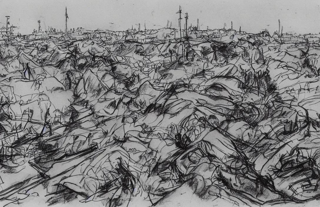 Image similar to milt kahl sketch of world war 1 trenches with the city of miami in the background