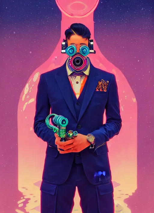 Image similar to high quality high detail portrait of a diesel punk in a suit in an alien world,, tristan eaton, victo ngai, artgerm, rhads, ross draws, hyperrealism, intricate detailed, alphonse mucha, 8 k, sci - fi, pastel colors, artstation,