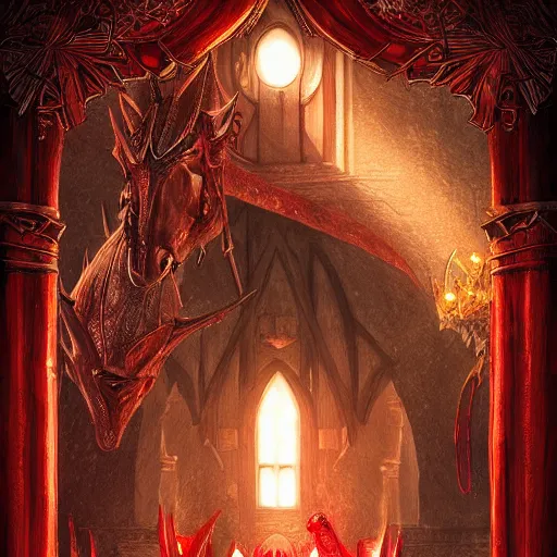 Image similar to red knight, fantasy art, located in a castle, legendary spiky armor, red sunlight through the window, decorated, high quality, highly detailed,