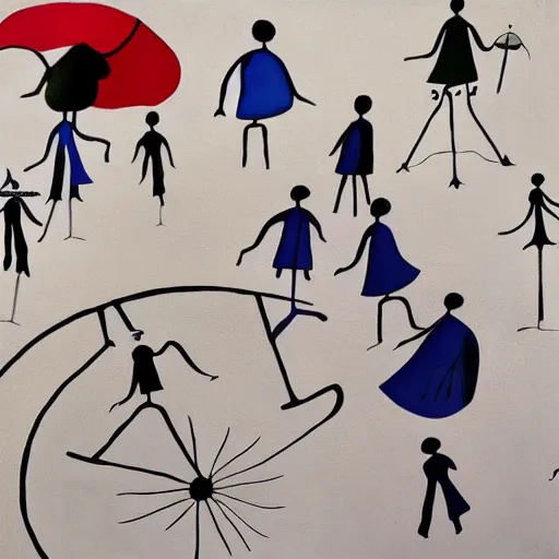 Image similar to an acryllic painting of a group of strange people, on a pale background, muted palette mostly white, black, gray, dark red, dark blue, figure riding penny farthing, woman in long dresses with parasol, astronaut, objects and shapes are scattered around the composition, minimalistic, mixed media, in the styles of both joan miro and mark rothko