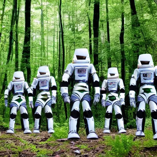 Image similar to a squad of space scouts and a tall robot wearing camo uniforms with white armor and helmets exploring a forest planet