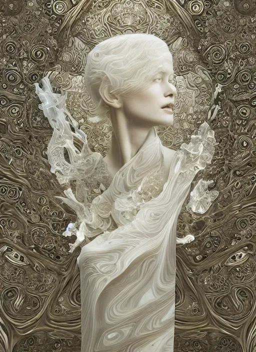 Prompt: opalescent marble sculpture of beautiful woman, glistening, mandelbulb, hypercube, ivory carving, fractal paisley inlay, lace, intricate, elegant, highly detailed, ivory, artgerm, lace, by ruan jia and greg rutkowski