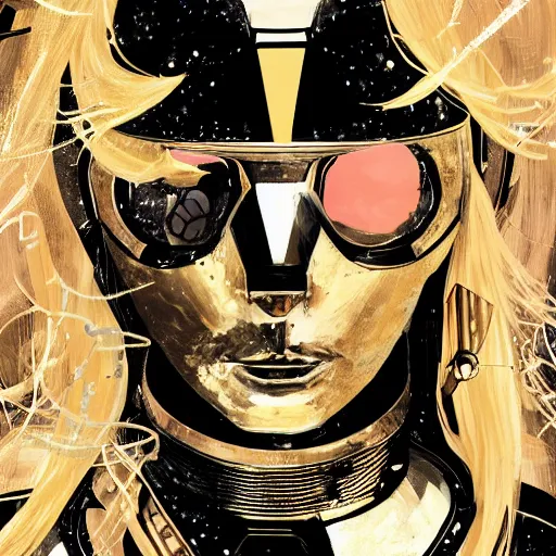 Prompt: highly detailed portrait of a bold determined young astronaut lady with a wavy blonde hair and golden spacesuit, by Dustin Nguyen, Akihiko Yoshida, Greg Tocchini, Greg Rutkowski, Cliff Chiang, 4k resolution, ibiza nightclub dancing inspired, nier:automata inspired, rave inspired, vibrant but dreary gold, silver, opal, pink, diamond black and white color scheme!!! ((Space nebula ibiza nightlife background))