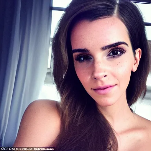 Image similar to a woman who is a genetic combination of kim kardashian and emma watson face and upper - body focus