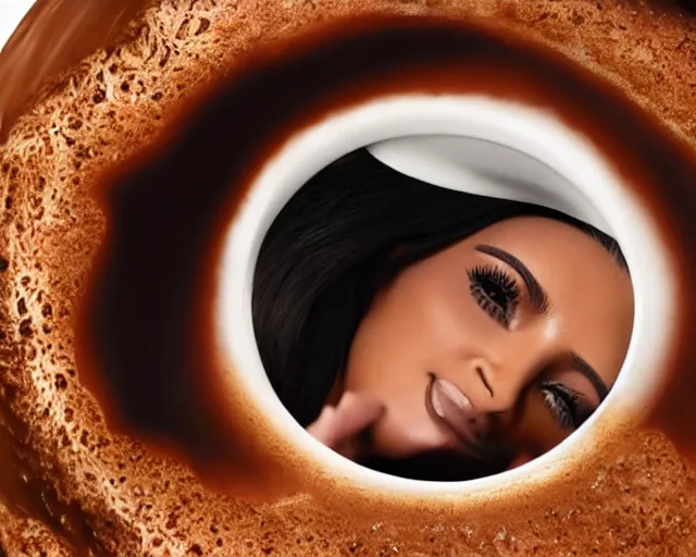 Prompt: Kim Kardashian living inside a giant cup of coffee, cinematic, highly detailed, HD, 4K, professional image, professional lighting