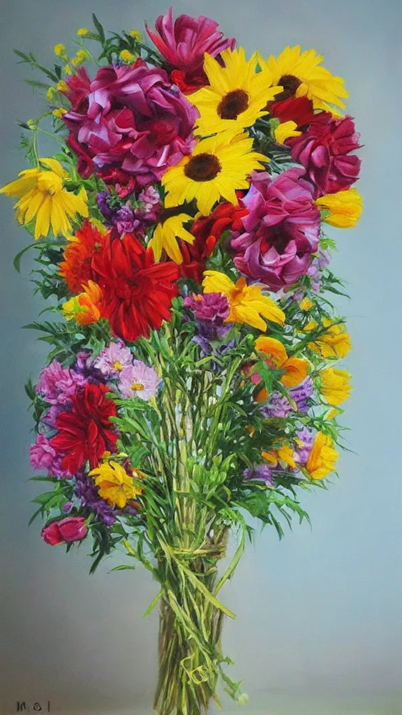 Prompt: oil painting of the letter M made from a bouquet of flowers photorealistic