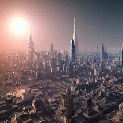 Image similar to gigantic city seen from spce with cinematic light, 8 k landscape render