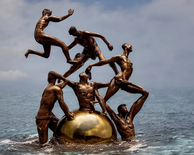 Prompt: a massive sculpture of desperate bronze people climbing a perfect sphere on the ocean water, in the style of jeff koons and michelangelo, inspired by the greatest sculptors, cinematic, hyper - realistic, very detailed, realistic water splashes, ray tracing, 8 k resolution, long - shot, sharp focus, low angle, 8 5 mm photograph, wide lens