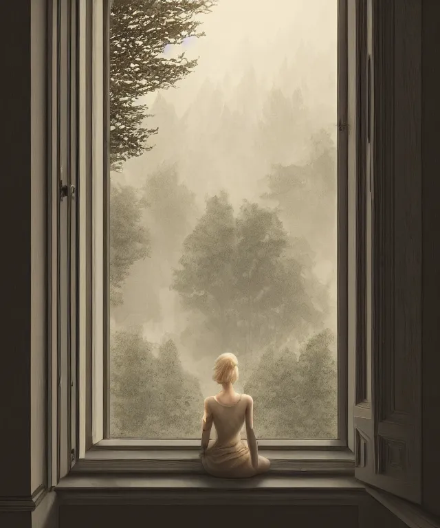 Prompt: view from a window of a house construction by charlie bowater and anna dittmann and artgerm and clemens ascher, intricate, elegant, beige mist, highly detailed, dramatic lighting, sharp focus, octane render, trending on artstation, artstationhd, artstationhq, unreal engine, 4 k, 8 k