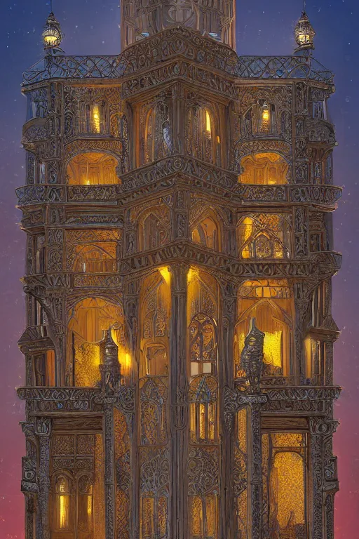 Prompt: ancient silver tower of the cat, fairytale illustration, elaborate carved latticed balconies, tall windows, moorish architecture, paid placement, SEO, formal gardens, dramatic cinematic lighting, beautiful moths, soft colors, golden age illustrator, unreal engine