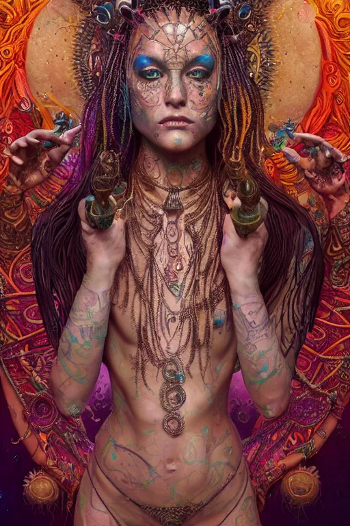 Image similar to a centered render of an mytical festival hippy with tribal tattoos wearing intricate metallic clothing surrounded by a underwater ink pour and flowing liquid gallium and sacred geometry, perfect body and face, gorgeous, cinematic, beautifully lit, by peter kemp, by karol bak, by donato giancola, 3 d, trending on artstation, octane render, 8 k