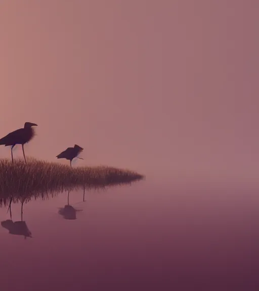 Prompt: the reflection of three crows standing in a boat in a swamp, volumetric lighting, fog, majestic light, octane render, ethereal glare of the sun, hyperrealistic, epic, masterpiece, by makoto shinkai