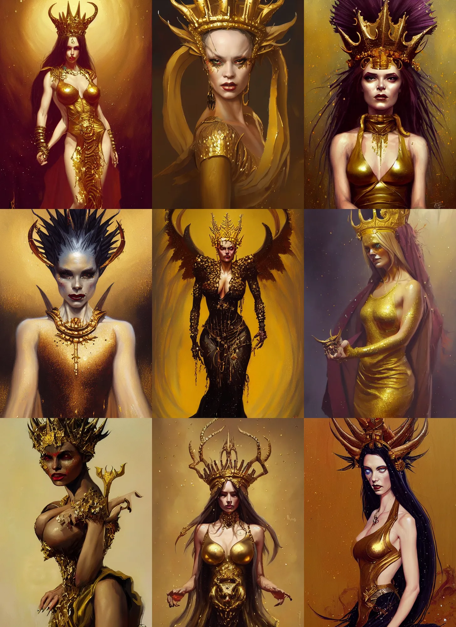 Prompt: a painting of a female demon with a gold crown, glitter dress, a character oil on canvas portrait by gerald brom and greg rutkowski and antonie collignon, masterpiece, fantasy art, grotesque, artstation hq