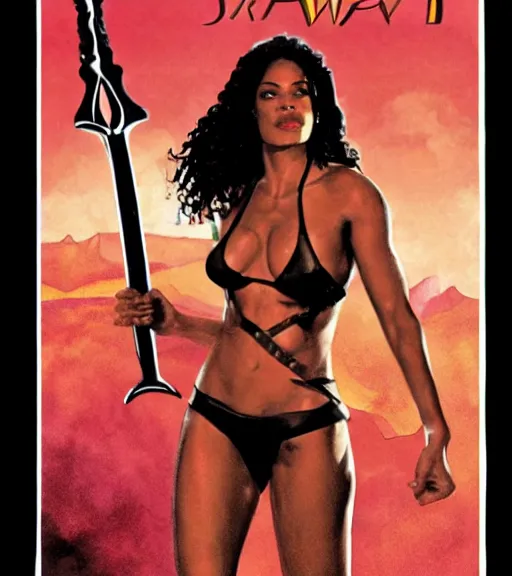 Image similar to 1 9 8 0 s fantasy novel book cover, amazonian rosario dawson in extremely tight bikini armor wielding a cartoonishly large sword, exaggerated body features, dark and smoky background, low quality print