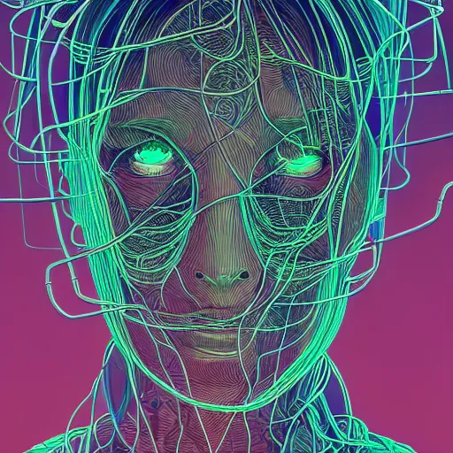 Image similar to a beautiful head of a pilot woman partially made of wires and circuits, an ultrafine detailed illustration by james jean, final fantasy, intricate linework, bright colors, behance contest winner, vanitas, angular, altermodern, unreal engine 5 highly rendered, global illumination, radiant light, detailed and intricate environment