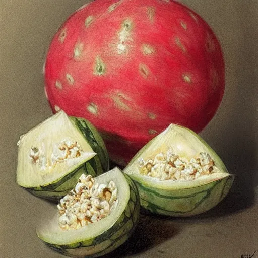 Prompt: (((((1950s watermelons and popcorn. muted colors.))))) by Jean-Baptiste Monge !!!!!!!!!!!!!!!!!!!!!!!!!!!