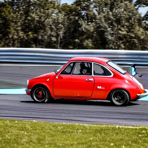 Prompt: A 1970 Abarth 695 SS driving on a race track