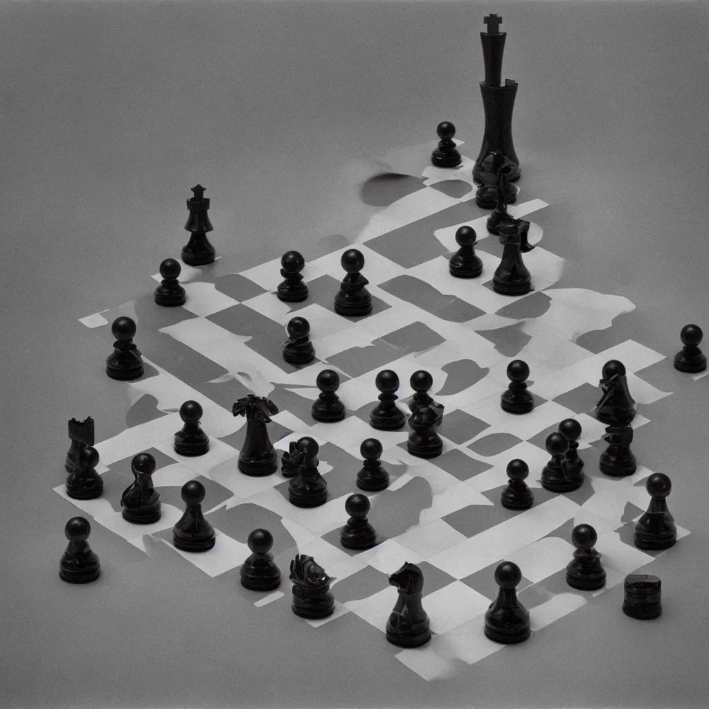 Prompt: A chess readymade connected to a machine, Marcel Duchamp, Irving Penn, Rinko Kawauchi, cyberpunk, 1919