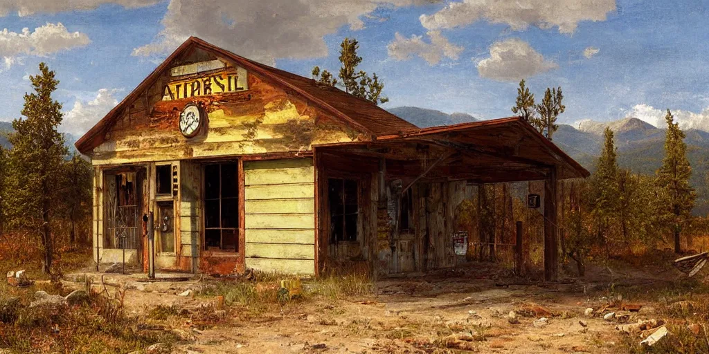 Prompt: an abandoned old rusty American gas station in Colorado mountains, oil painting, highly detailed, artwork, in style of Albert bierstadt