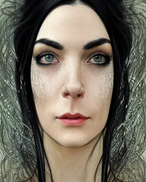 Image similar to portrait of a tall 4 0 - year - old woman with thin lips, long, voluminous black hair, and thick eyebrows, wearing in black clothes, hyper realistic face, beautiful eyes, close up, fantasy art, in the style of greg rutkowski, intricate, alphonse mucha, hyper detailed, smooth