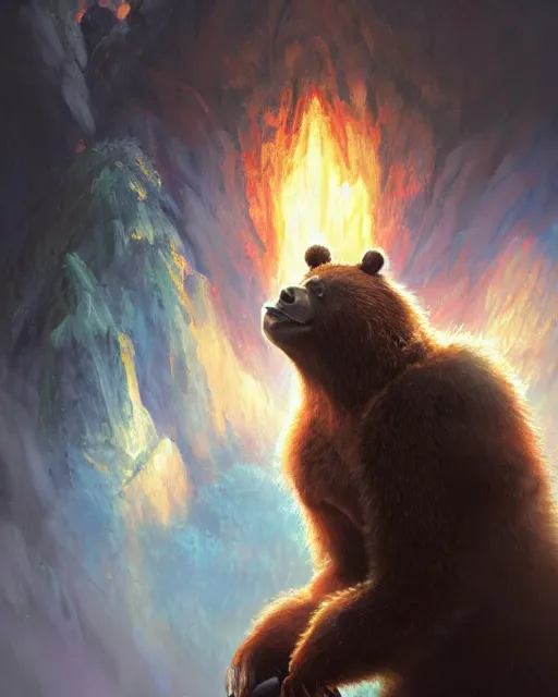 Image similar to Laughing Bear Musician, Fireplace, magic the gathering artwork, D&D, fantasy, cinematic lighting, centered, symmetrical, highly detailed, digital painting, artstation, concept art, smooth, sharp focus, illustration, volumetric lighting, epic Composition, 8k, art by Akihiko Yoshida and Greg Rutkowski and Craig Mullins, oil painting, cgsociety