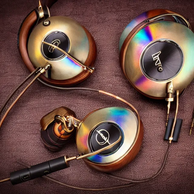 Image similar to masterpiece photo of beautiful hand crafted artistic detailed metal headphones, bismuth rainbow metal, bismuth cups, plush leather pads, displayed on mahogany desk, modernist headphones, bismuth beautiful well designed, hyperrealistic, audiophile, intricate hyper detail, extreme high quality, photographic, audeze, sennheiser, raal, bang olufsen, abyssal