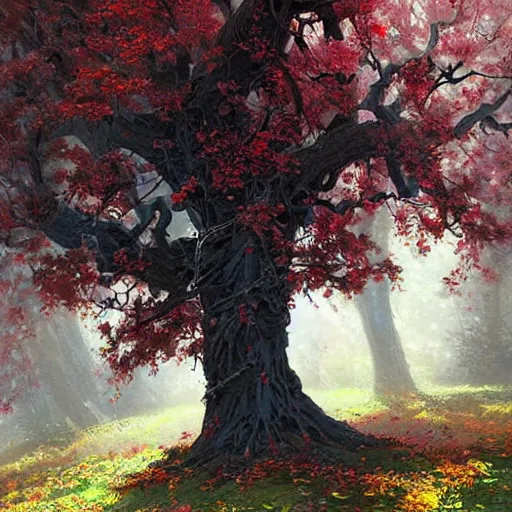 Image similar to a tree with many +++black black apples (((leaves))) +++black apples, painted by rossdraws, greg rutkowski, thomas kindkade