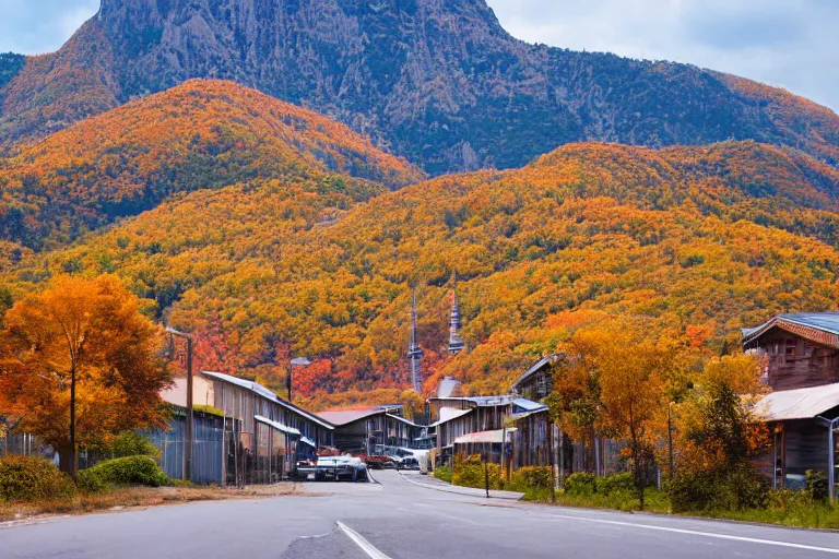 Image similar to warehouses lining a street, with an autumn mountain directly behind it. radio tower on the mountain, lens compression. photography