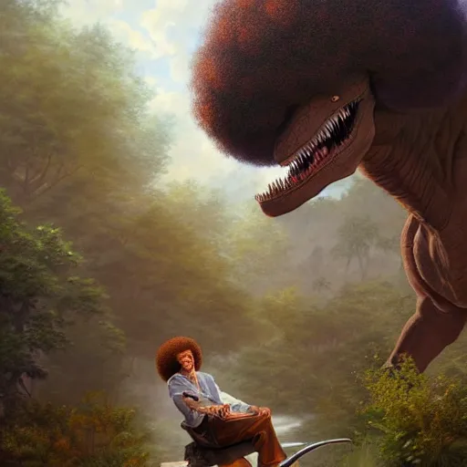 Image similar to bob ross!!! riding!!! a dinosaur!!, giant afro!, model pose, ultra realistic, concept art, intricate details, highly detailed, photorealistic, octane render, 8 k, unreal engine. art by artgerm and greg rutkowski and alphonse mucha