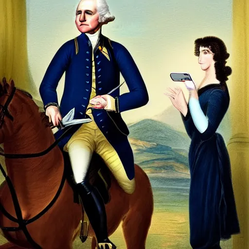 Prompt: George Washington trying to use an iphone. Confused frustrated annoyed, dramatic photo