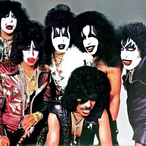 Prompt: jimi hendrix as a member of the band kiss in concert, color photo