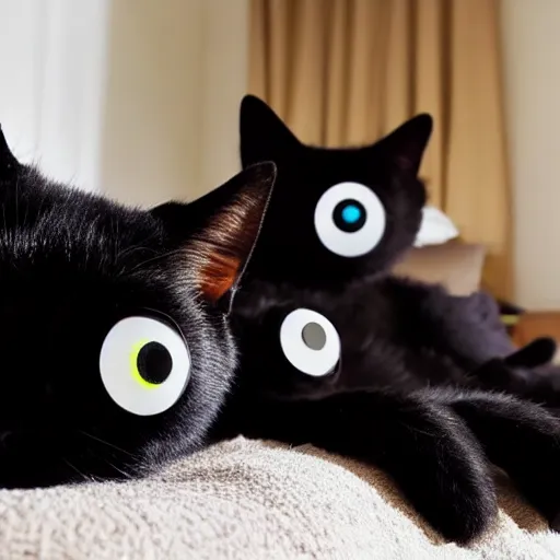 Image similar to photo of a group of black cats with huge buggy googly eyes, sitting on a bed