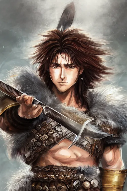 Image similar to A realistic anime portrait of a young handsome male barbarian with long wild hair, intricate fantasy spear, plated armor, D&D, dungeons and dragons, tabletop role playing game, rpg, jrpg, digital painting, by Ayami Kojima, digtial painting, trending on ArtStation, SFW version