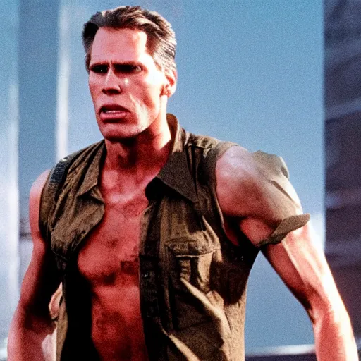 Image similar to Live Action Still of Jerma in Die Hard, real life, hyperrealistic, ultra realistic, realistic, highly detailed, epic, HD quality, 8k resolution, body and headshot, film still