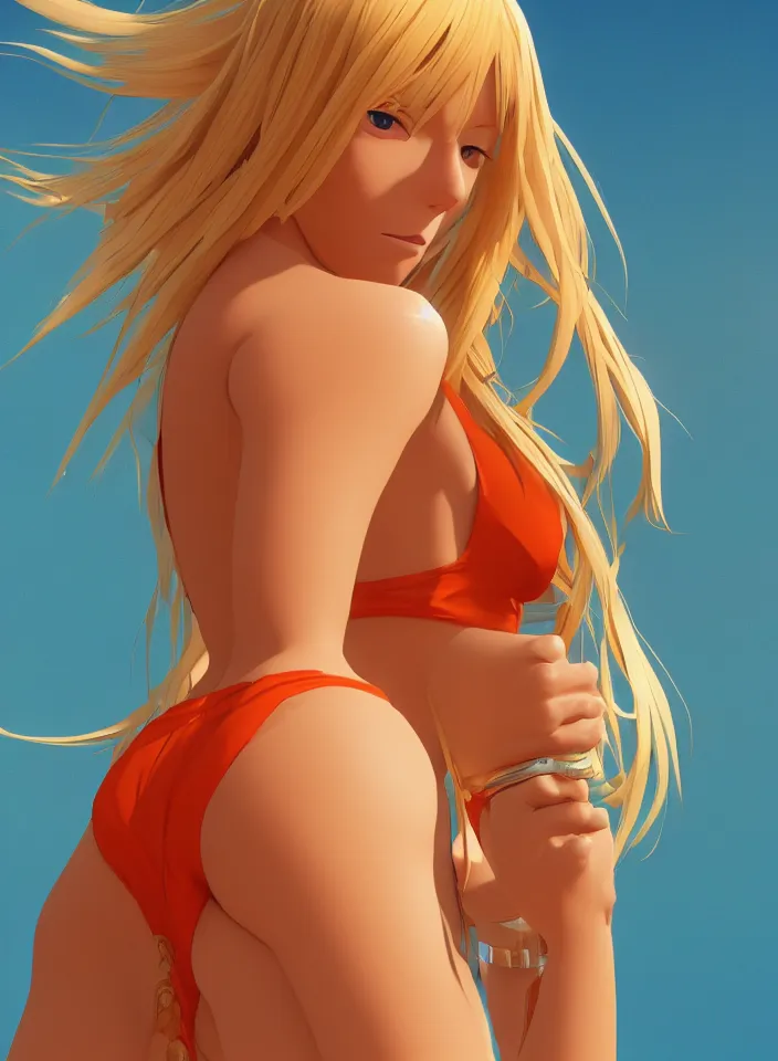 Prompt: beautiful blond woman in orange tribal bikini, long blond hair behind the ear, by makoto shinkai, ross tran, 8 k, high resolution render, cinematic color grading, clean lineart and flat color,